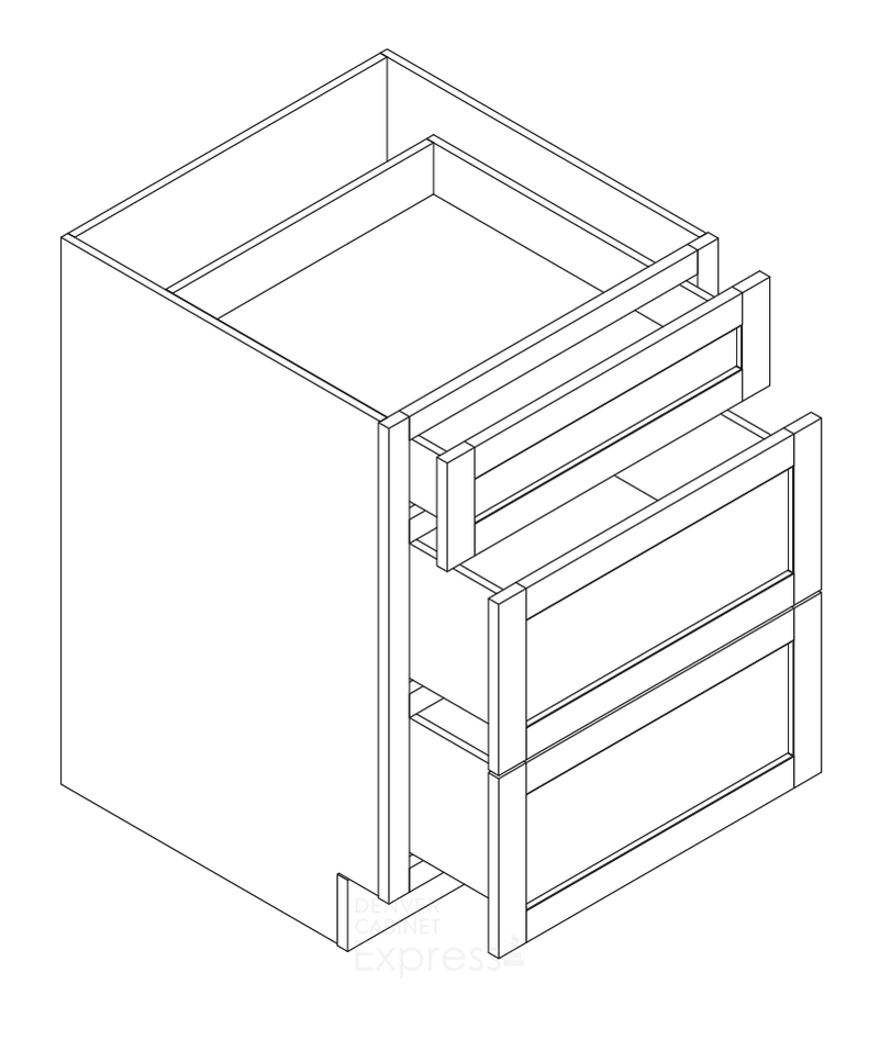 Twelve inch drawer base cabinet with three drawers