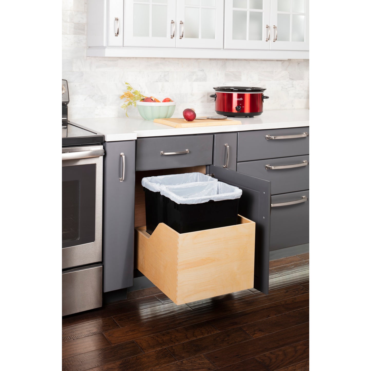 Double 35 Quart Wood Bottom-Mount Soft-close Trashcan Rollout for Hinged Doors, Includes Two Black Cans for B21 CAN-WBMD3518B (Shipped Separately)