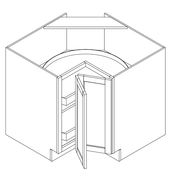 Thirty six inch corner base with piano hinge doors and lazy Susan
