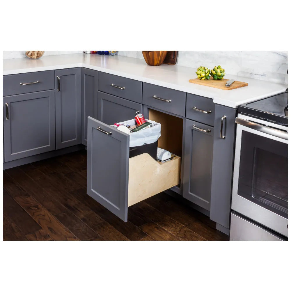 Single 35 Quart Wood Bottom-Mount Soft-close Trashcan Rollout for Door Mounting, Includes One Black Can for B15 (Shipped Separately)