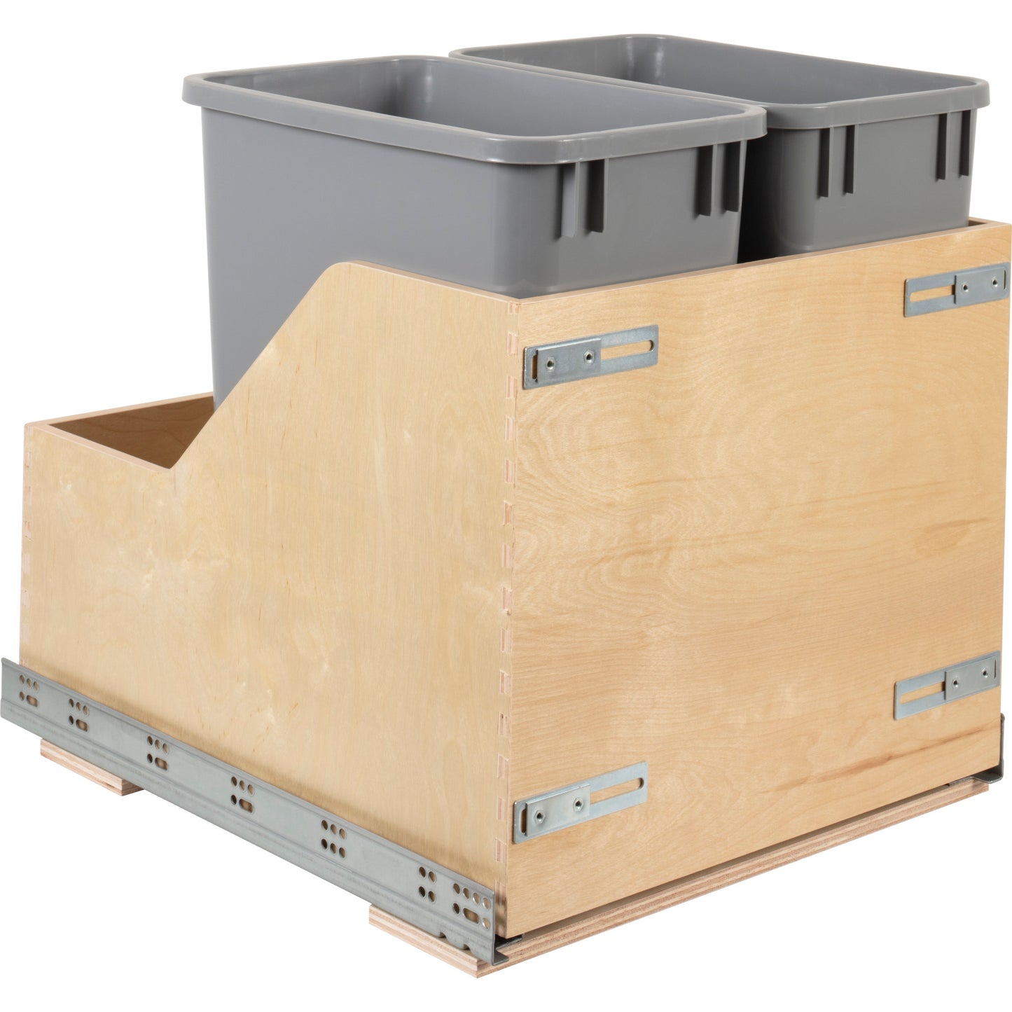 Double 35 Quart Wood Bottom-Mount Soft-close Trashcan Rollout for Door Mounting, Includes Two Grey Cans and Door Joining Bracket for B24 FHD