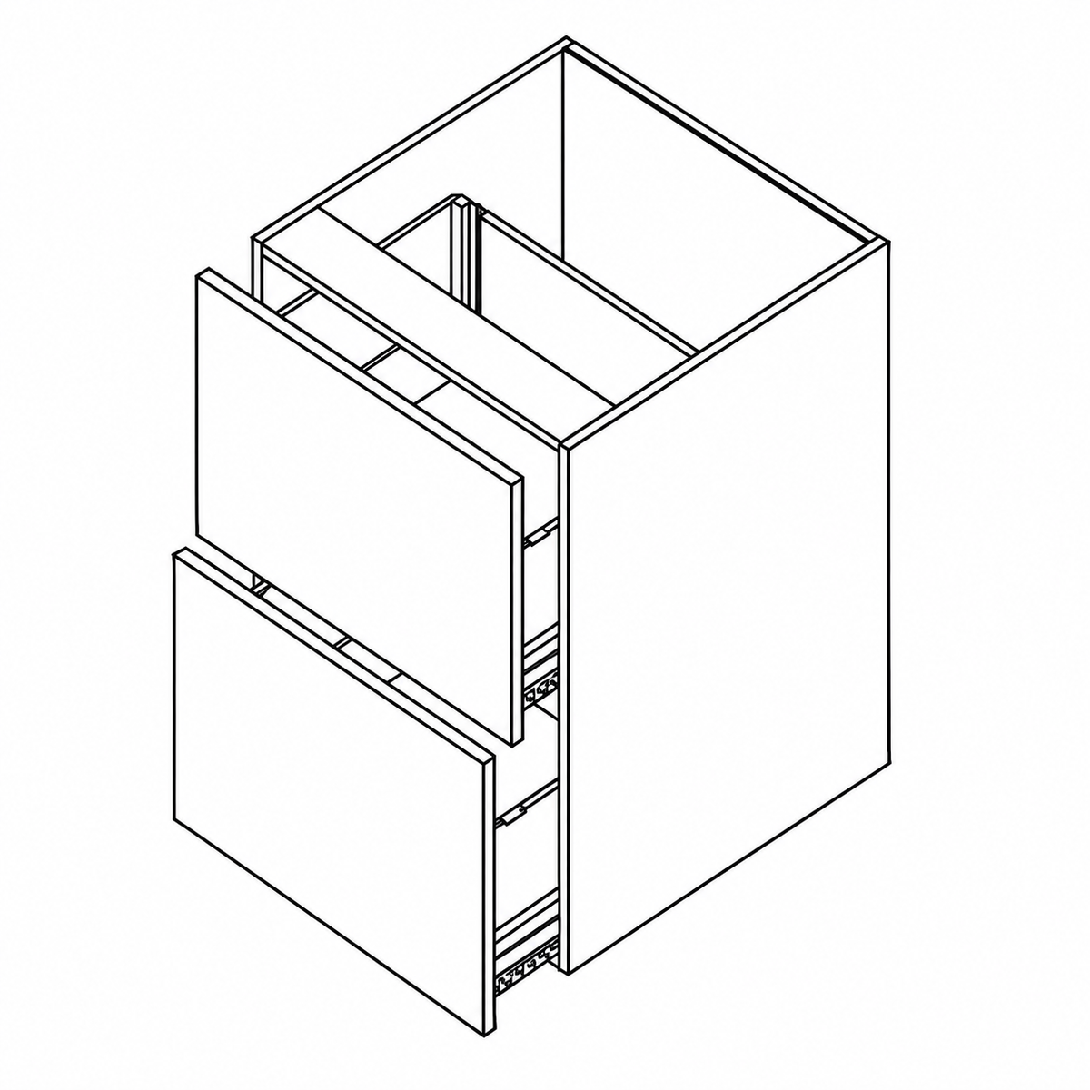 Euro floating vanity drawer base cabinet, wall mounted, with two equal-height slab drawer fronts and soft-close glides