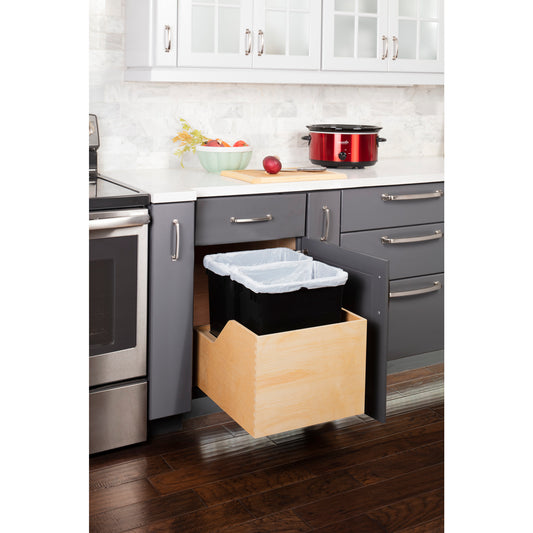 Double 35 Quart Wood Bottom-Mount Soft-close Trashcan Rollout for Hinged Doors, Includes Two Black Cans for B21 CAN-WBMD3518B (Shipped Separately)