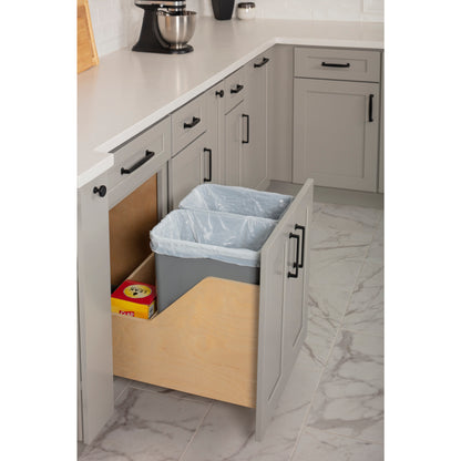 Double 35 Quart Wood Bottom-Mount Soft-close Trashcan Rollout for Door Mounting, Includes Two Grey Cans and Door Joining Bracket for B24 FHD