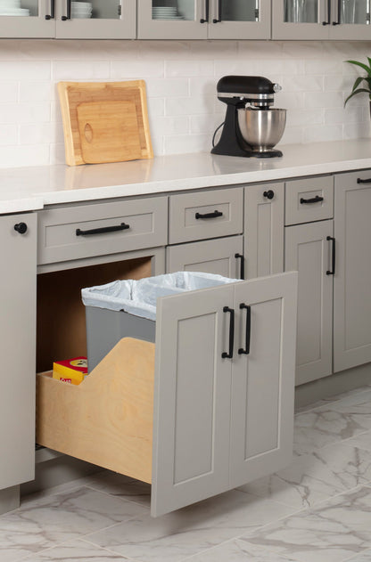 Double 35 Quart Wood Bottom-Mount Soft-close Trashcan Rollout for Door Mounting, Includes Two Grey Cans and Door Joining Bracket for B24 FHD