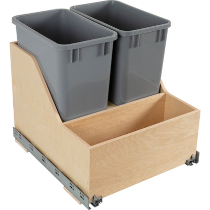 Double 35 Quart Wood Bottom-Mount Soft-close Trashcan Rollout for Door Mounting, Includes Two Grey Cans and Door Joining Bracket for B24 FHD