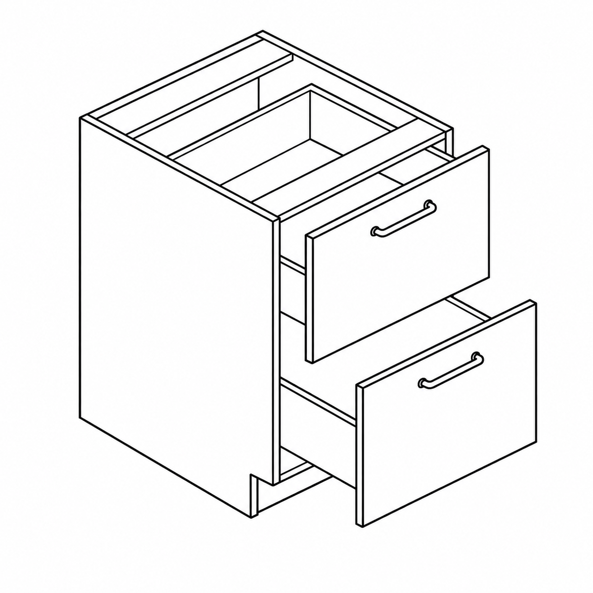 Euro vanity 2-drawer base cabinet, 34.5 inches tall and 21 inches deep, with two drawer fronts over a toe kick