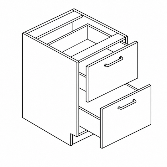 Euro vanity 2-drawer base cabinet, 34.5 inches tall and 21 inches deep, with two drawer fronts over a toe kick