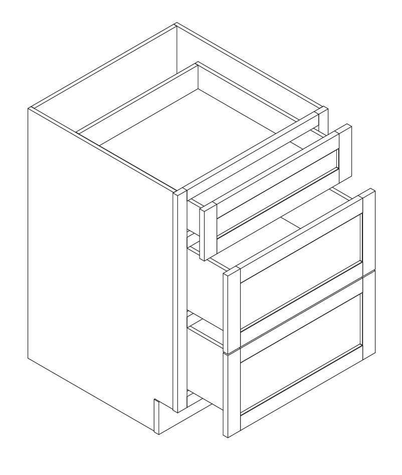 Thirty six inch drawer base cabinet with three drawers