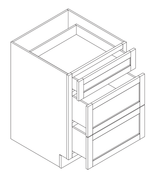 Twenty one inch drawer base cabinet with three drawers