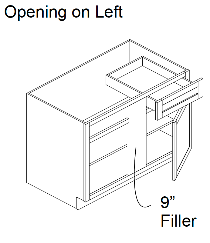 Forty two inch blind corner base with one drawer and one door with opening on left side